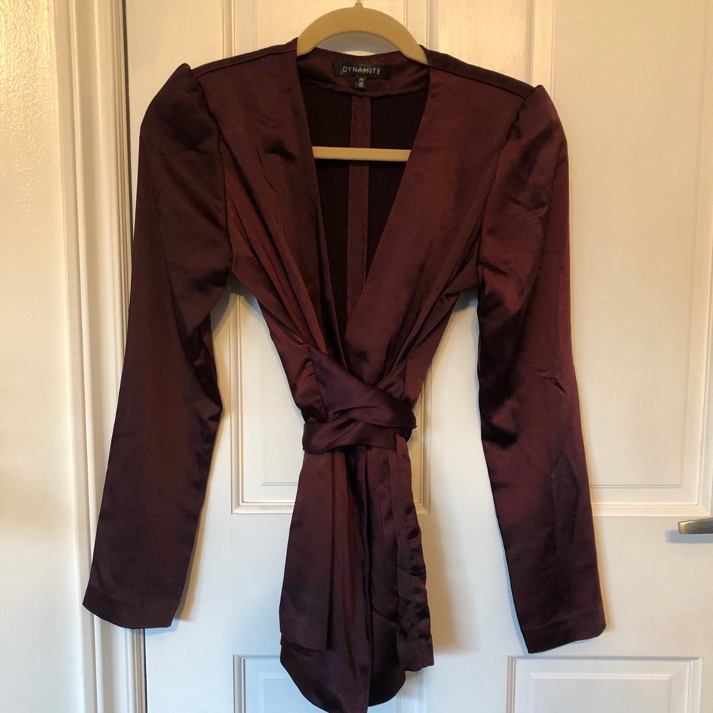 Dynamite Burgundy Satin Wrap Top